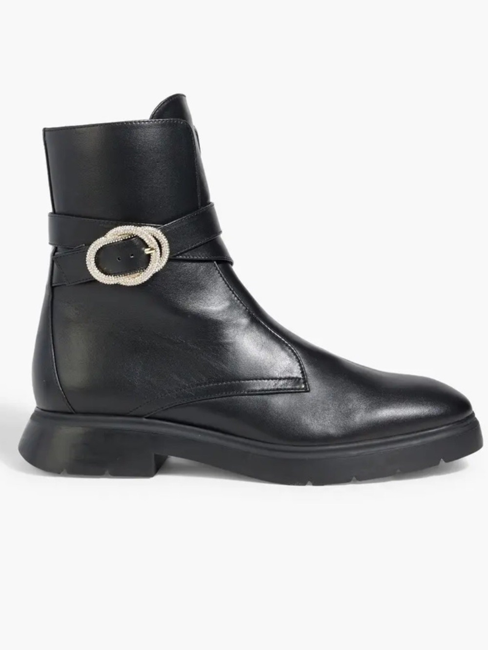 Stuart Weitzman 32MM Black Leather Ankle Boot with Crystal Buckle | 5 | New